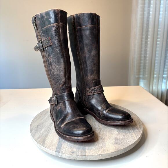 Bed Stu Cobbler Boots 8.5 Tall Riding Boots Distressed Brown Leather Zip Buckle - Picture 1 of 14